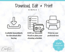 Load image into Gallery viewer, EDITABLE Cleaning Planner, Cleaning Checklist &amp; Cleaning Schedule | Weekly House Chores, Clean Home Routine, Monthly Cleaning List | Blue
