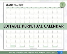 Load image into Gallery viewer, EDITABLE Perpetual Calendar | Undated Year at a Glance Reusable Calendar, Year Overview on One Page, Annual 12 Month Planner | Green
