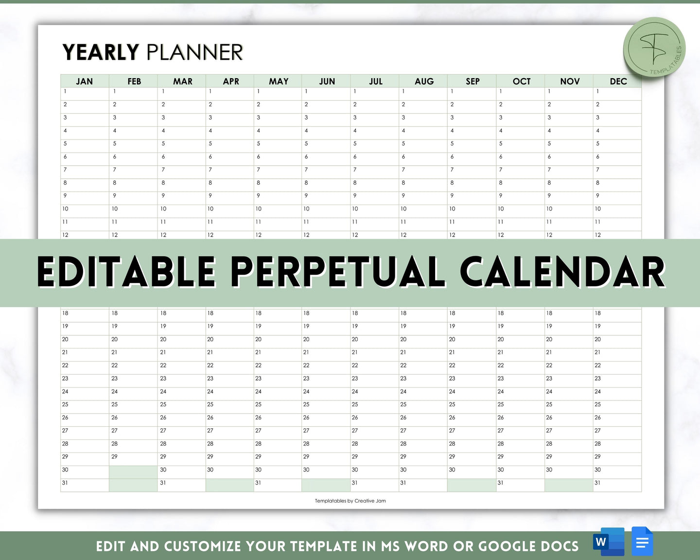 EDITABLE Perpetual Calendar | Undated Year at a Glance Reusable Calendar, Year Overview on One Page, Annual 12 Month Planner | Green