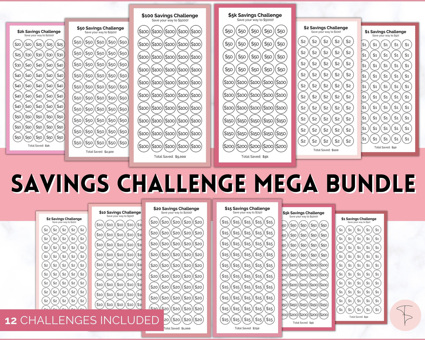 Mini Savings Challenge Printable BUNDLE | 12 Saving Trackers, Cash Envelope, A6 Saving Challenges | Pink