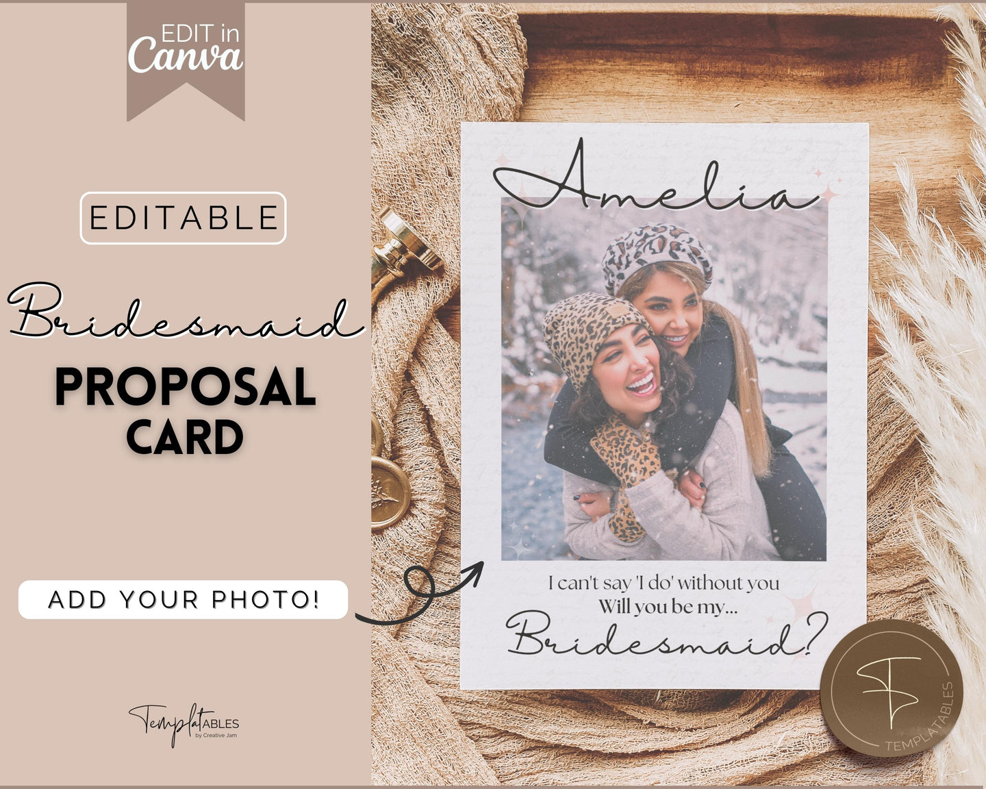 Bridesmaid Proposal Card EDITABLE Template | Add your PHOTO to your Bridesmaid Invite, Bridal Maid of Honor Template | Style 2