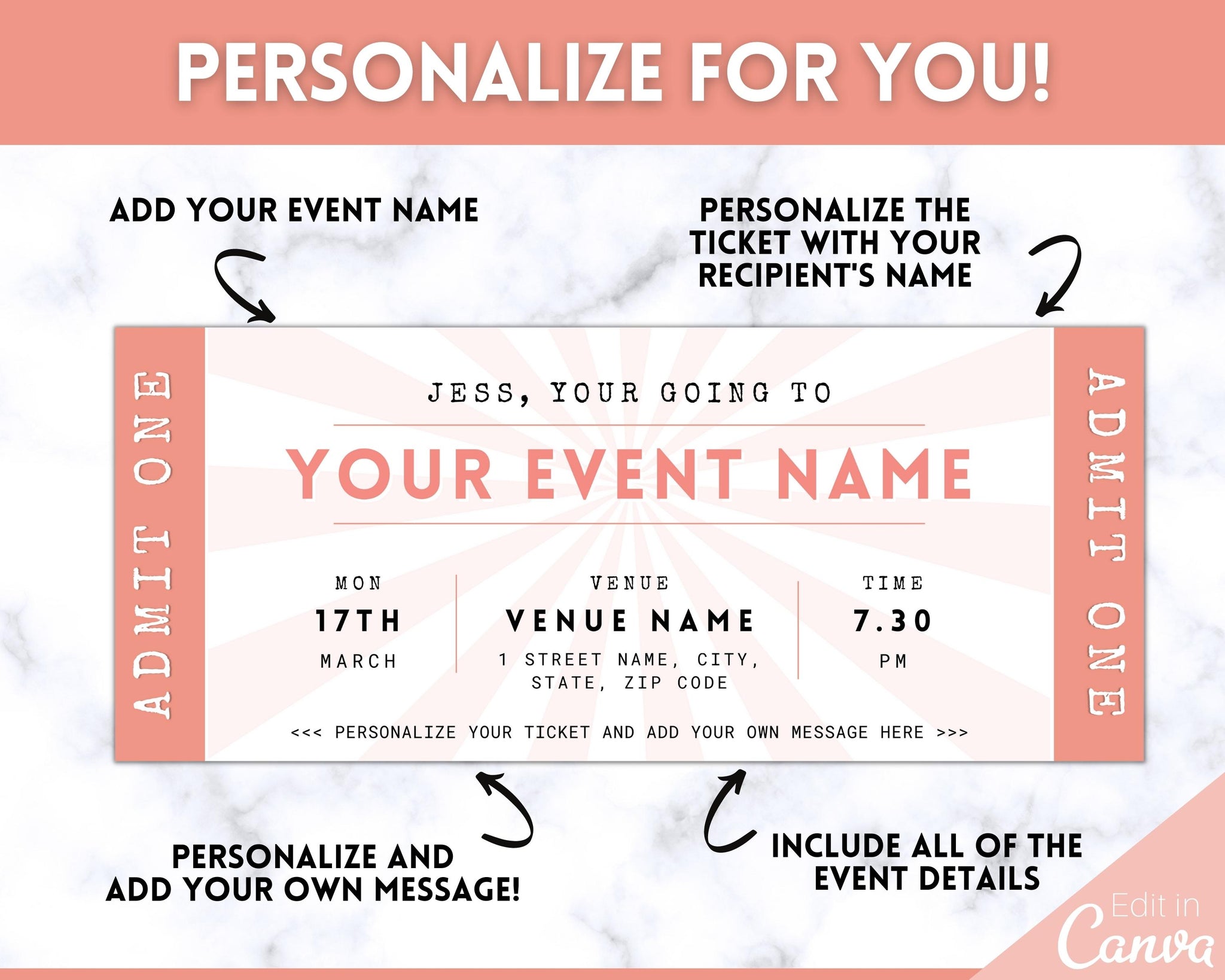 Event Ticket Editable Template Perfect Gift for Special Occasions