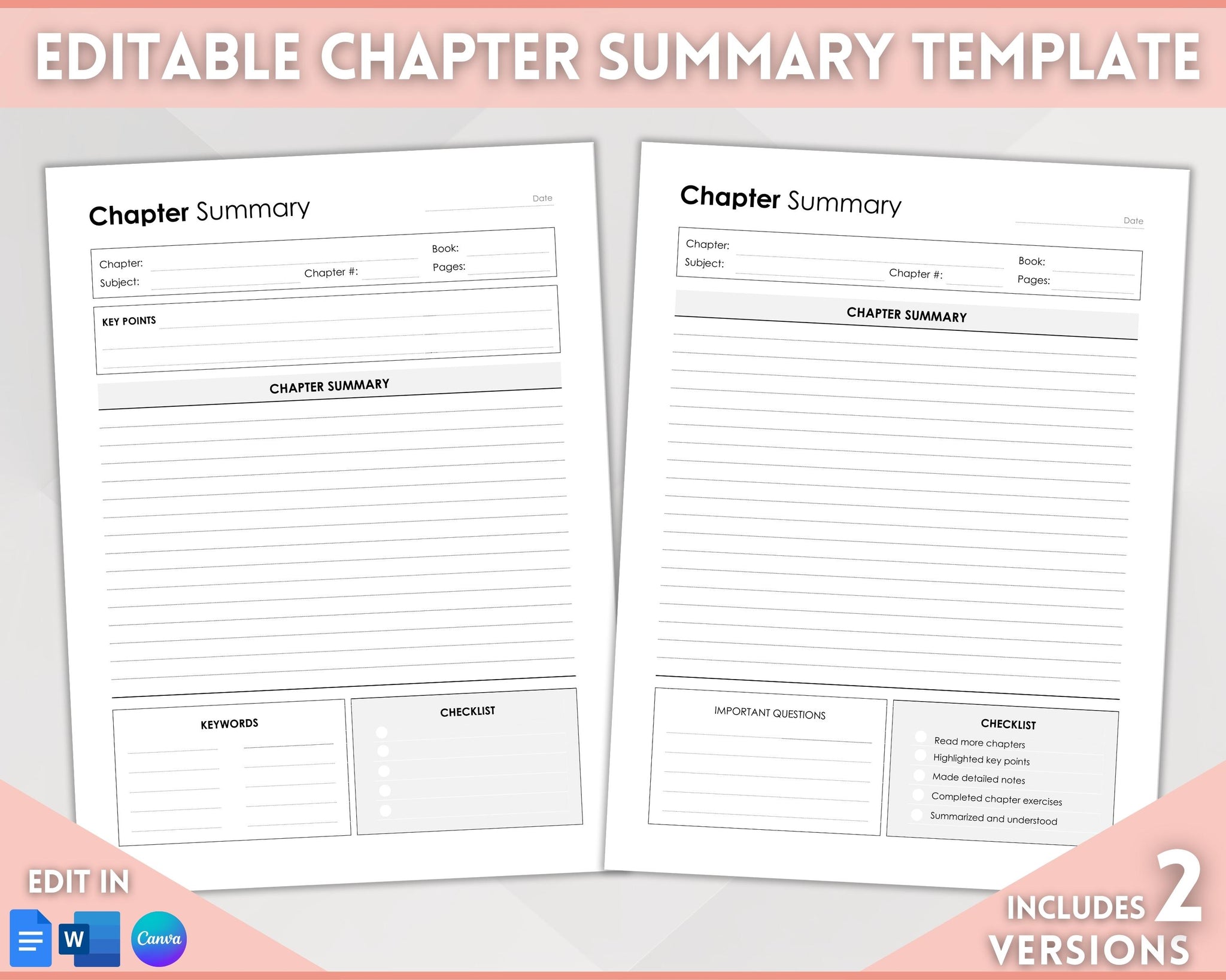 Editable Chapter Summary Template | College Outline Study Guide