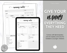 Load image into Gallery viewer, Nanny Schedule, Notes &amp; Report Template for Baby | Babysitter Info Hiring Guide, Nanny Checklist &amp; Planner, Baby Daily Log | Mono Swash
