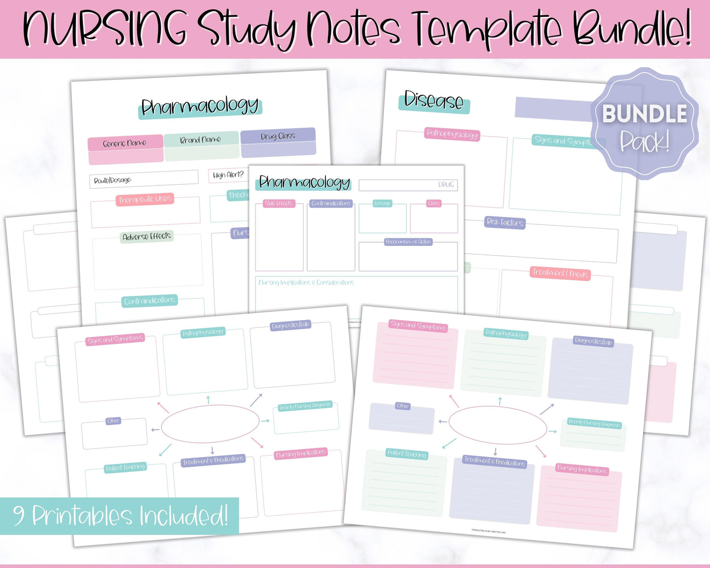 Nurse Student Notes Study Guide Bundle | Concept Map, Disease Template, Pharmacology, Pathophysiology, Med Surg, Drug Card | Mermaid