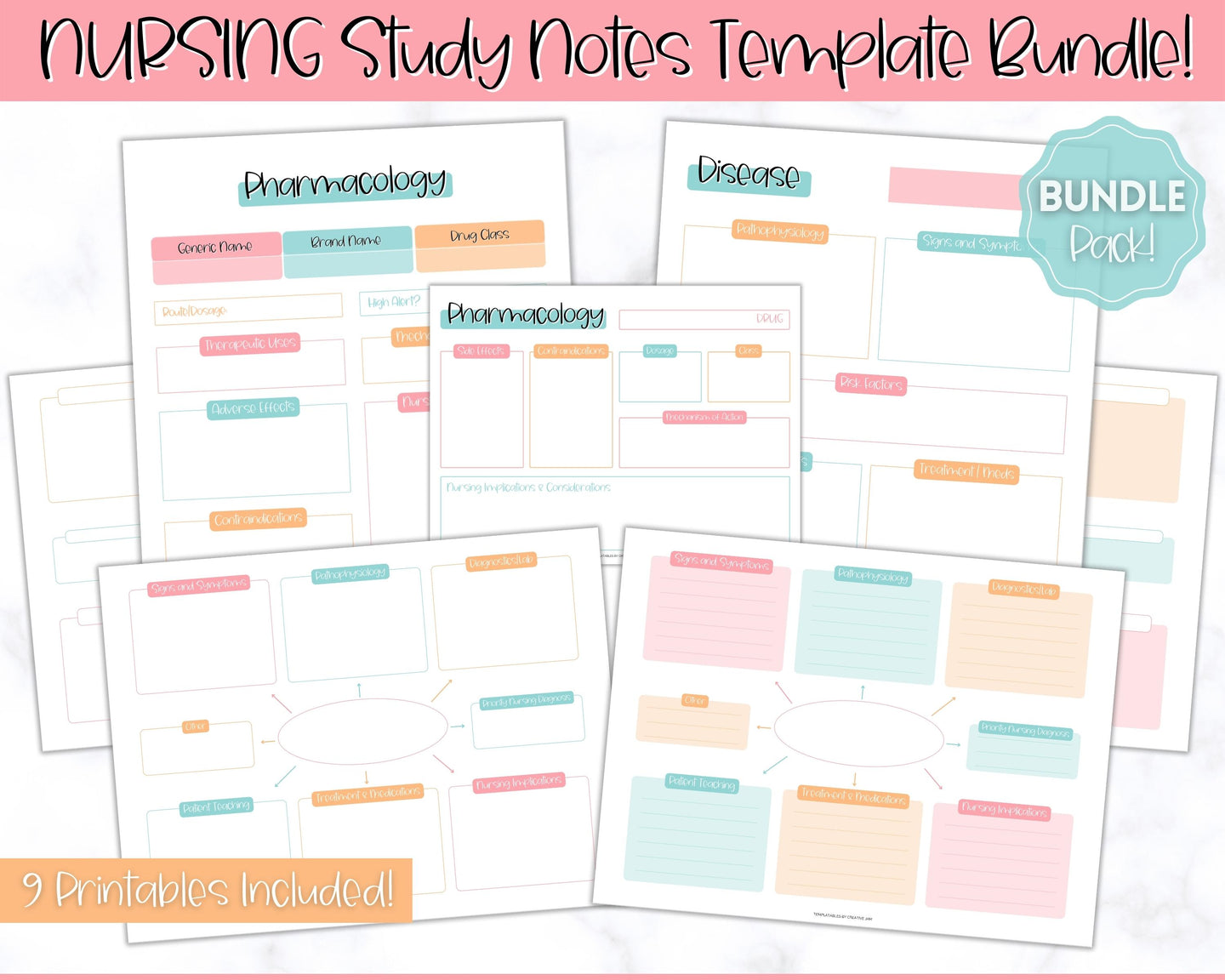 Nurse Student Notes Study Guide Bundle | Concept Map, Disease Template, Pharmacology, Pathophysiology, Med Surg, Drug Card | Colorful Sky
