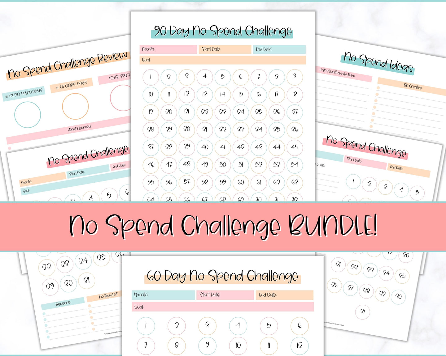 No Spend Challenge BUNDLE | Printable 30 day, 60 day, 90 day Savings Challenge & Monthly Spending Tracker | Colorful Sky