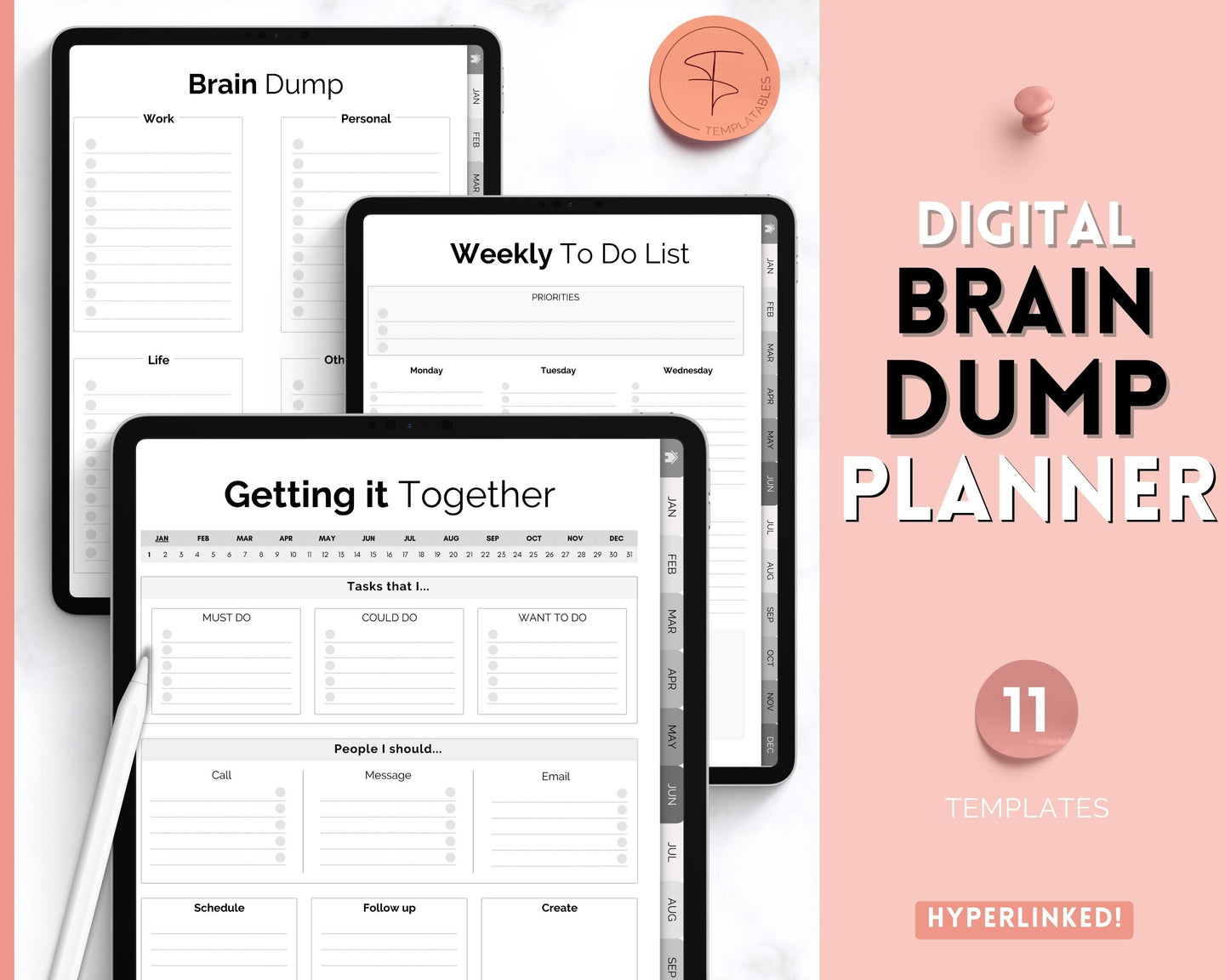 DIGITAL Brain Dump Planner | Goodnotes & Notability To Do List, ADHD Daily Planner, Work Day Productivity | Mono