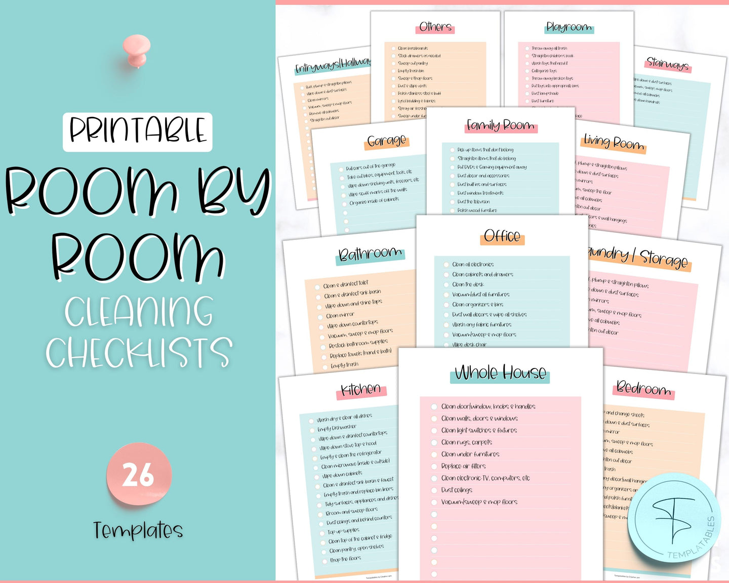 Cleaning Checklist, Printable Room by room Cleaning Cards | Family & Kids Cleaning Schedule Planner & Tracker | Colorful Sky