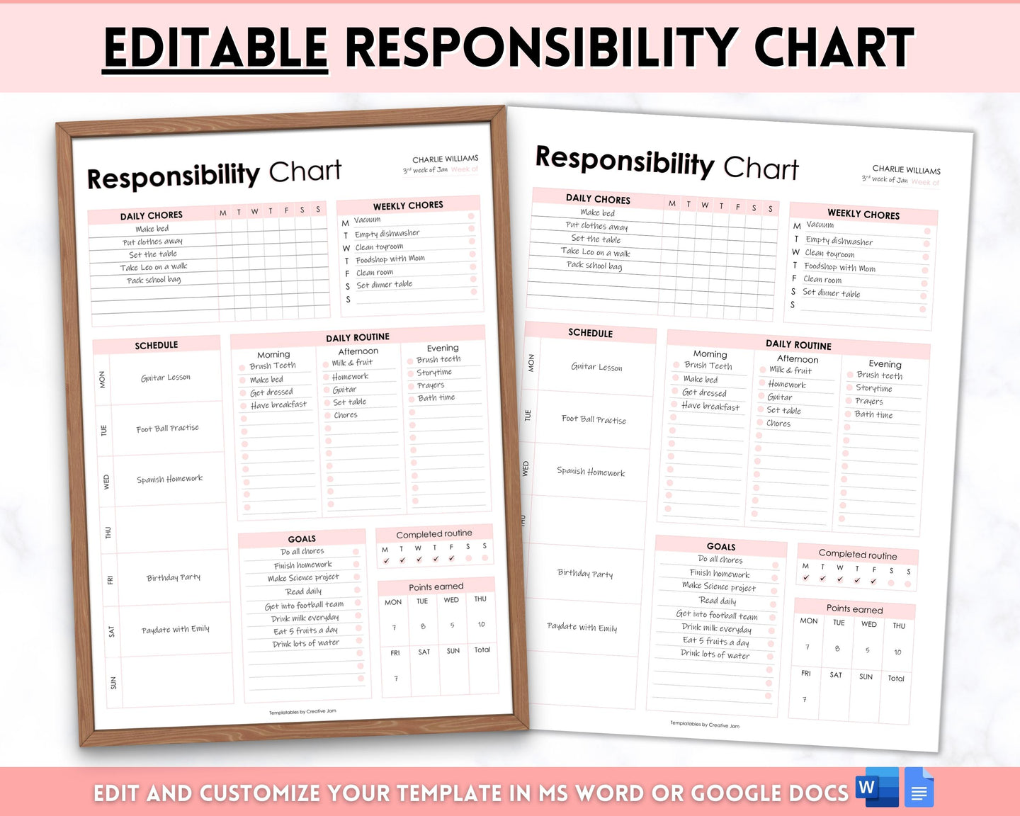 EDITABLE Responsibility Chart | Family Chore Chart, Weekly Adult Routine & Reward Chart for Kids | Pink