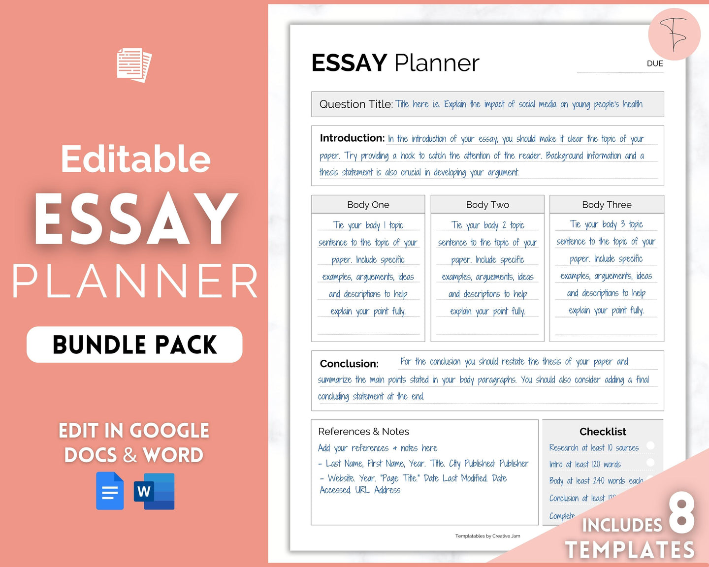 EDITABLE Essay Planner bundle | Student Essay Writing Template, College Assignment, School Homework, Academic Project Plan , Google Docs, Word | Minimalist