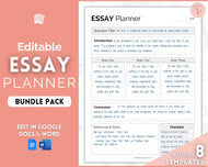 EDITABLE Essay Planner bundle | Student Essay Writing Template, College Assignment, School Homework, Academic Project Plan , Google Docs, Word | Minimalist