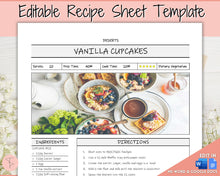 Load image into Gallery viewer, EDITABLE Recipe Sheet Template | Recipe Book, Cards &amp; Cookbook Binder, 8.5x11 Food Planner Journal | Style 2
