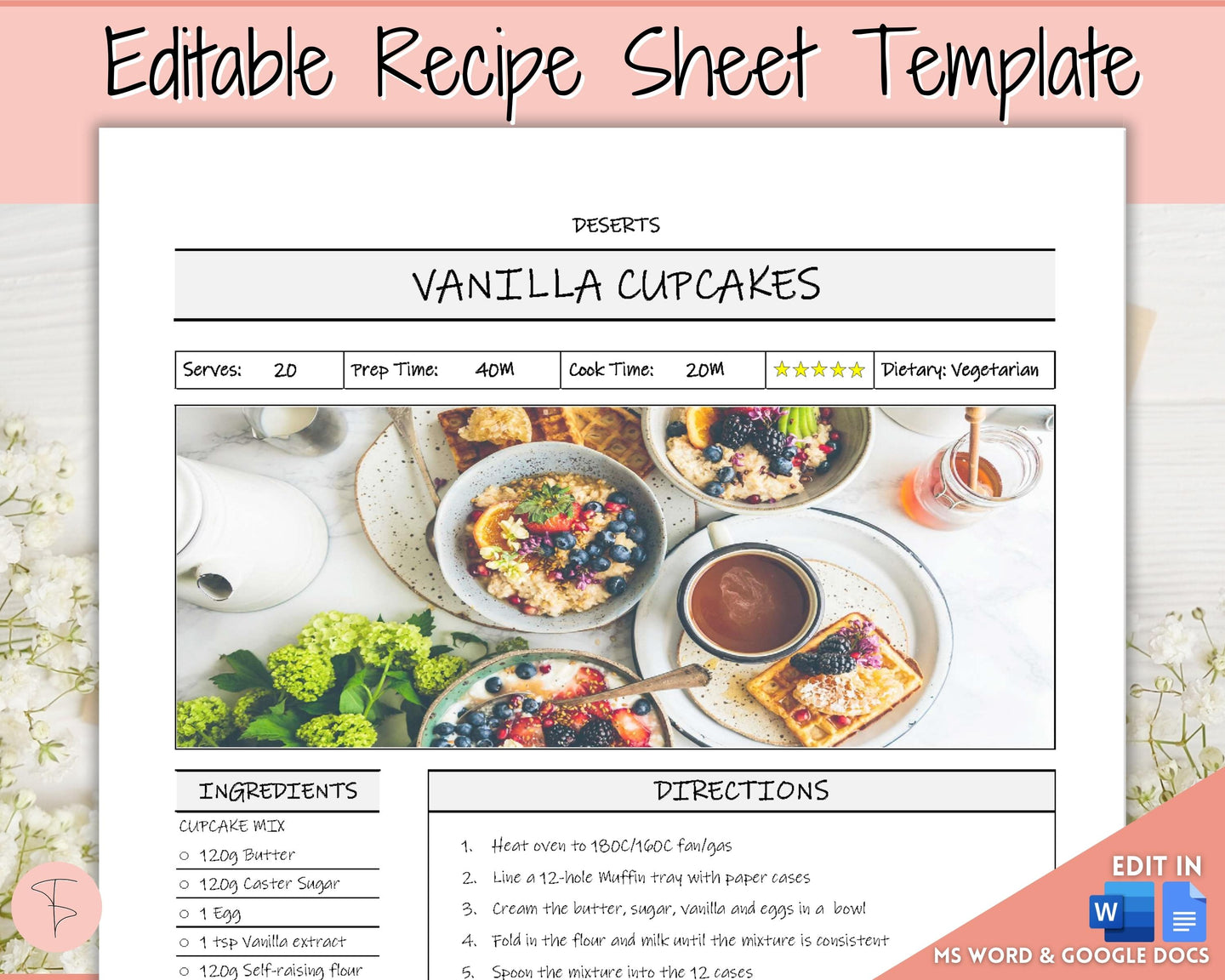 EDITABLE Recipe Sheet Template | Recipe Book, Cards & Cookbook Binder, 8.5x11 Food Planner Journal | Style 2