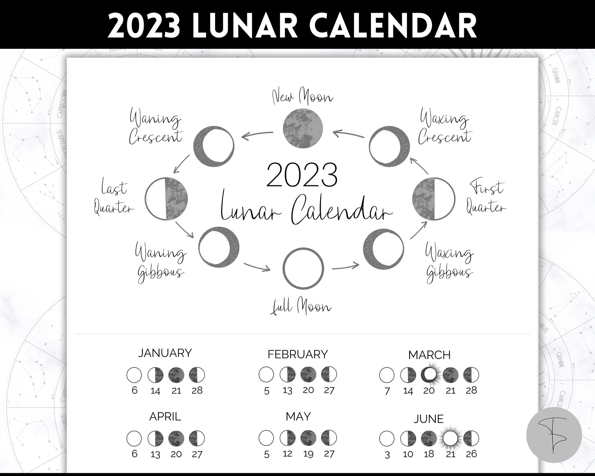 2023 Lunar Calendar Wall Art - Moon Phases Astrology Calendar