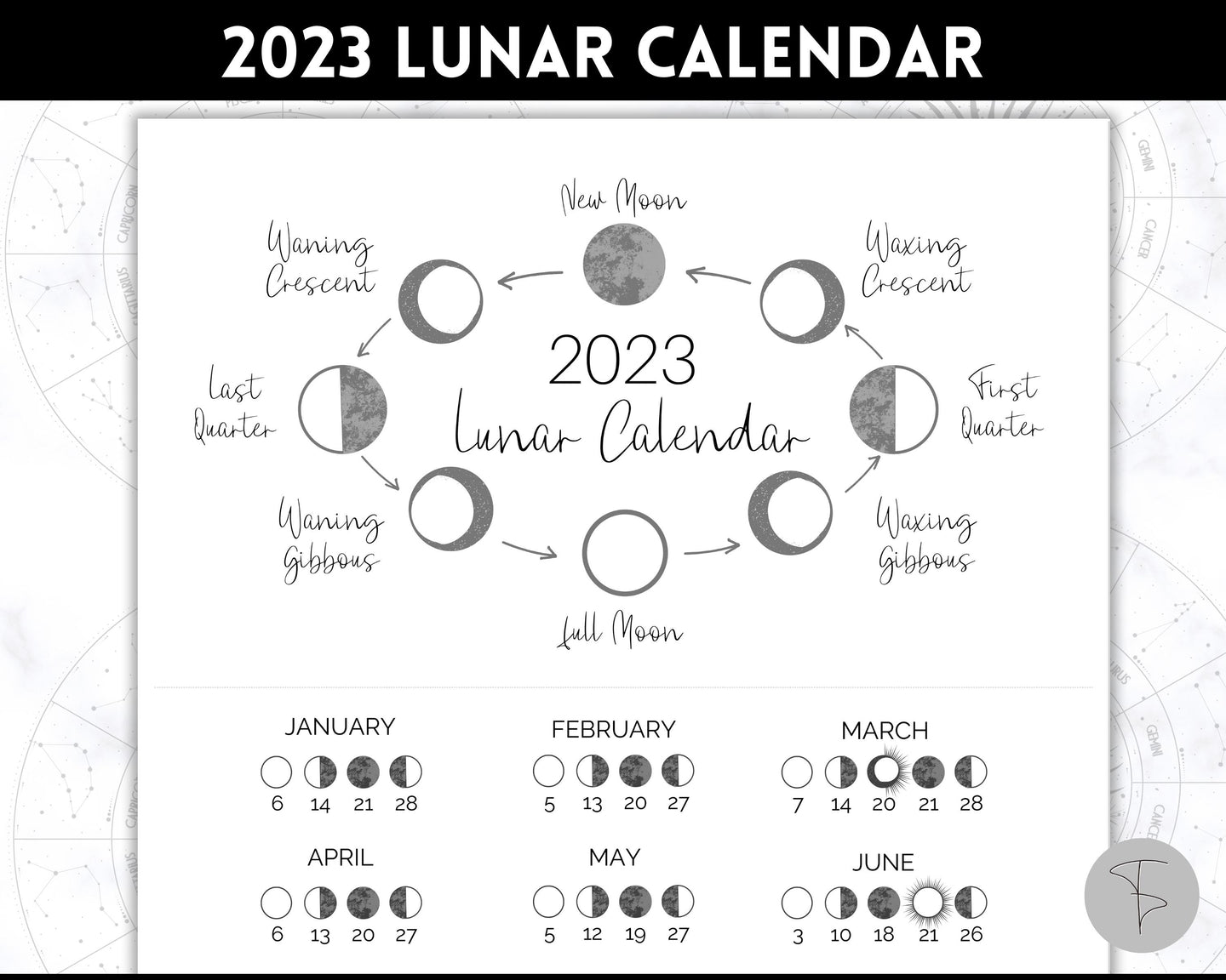 2023 Lunar Calendar Printable - Moon Phases Astrology Calendar Wall Art | Script