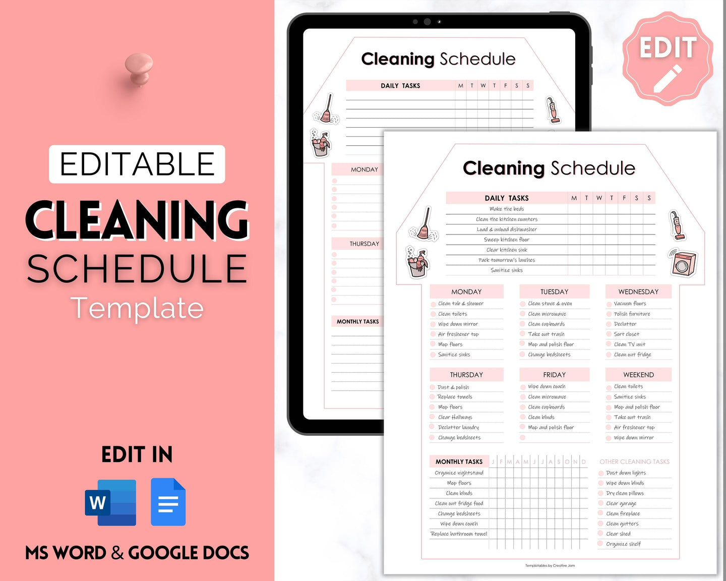 Editable House Shape Cleaning Schedule & Housekeeping Checklist for House Chores | Pink