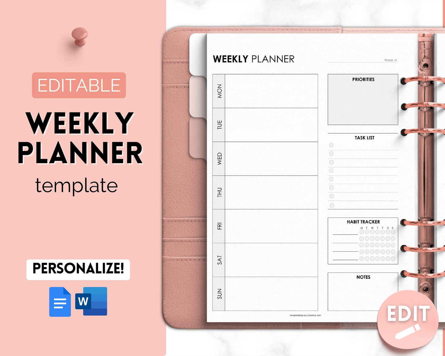 EDITABLE Weekly Planner 1 Page Templates | 2023 Weekly Schedule, To Do List Printable & Habit Tracker templates | Mono