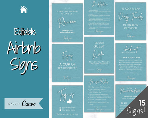 15 Airbnb Posters! Editable Template Bundle, Wifi password Sign, Welcome Book, House Rules, Airbnb Host, Vacation Rental, Check Out Signage | Blue