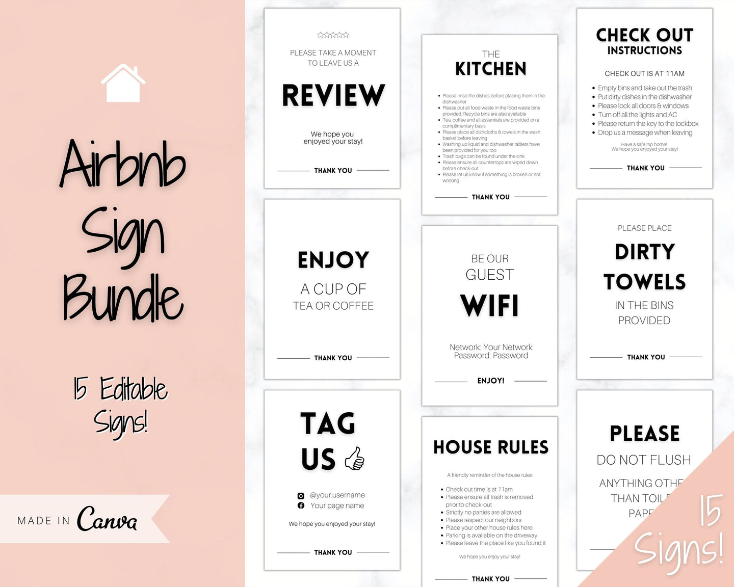 15 Airbnb Posters! Editable Template Bundle, Wifi password Sign, Welcome Book, House Rules, Airbnb Host, Vacation Rental, Check Out Signage | Bold