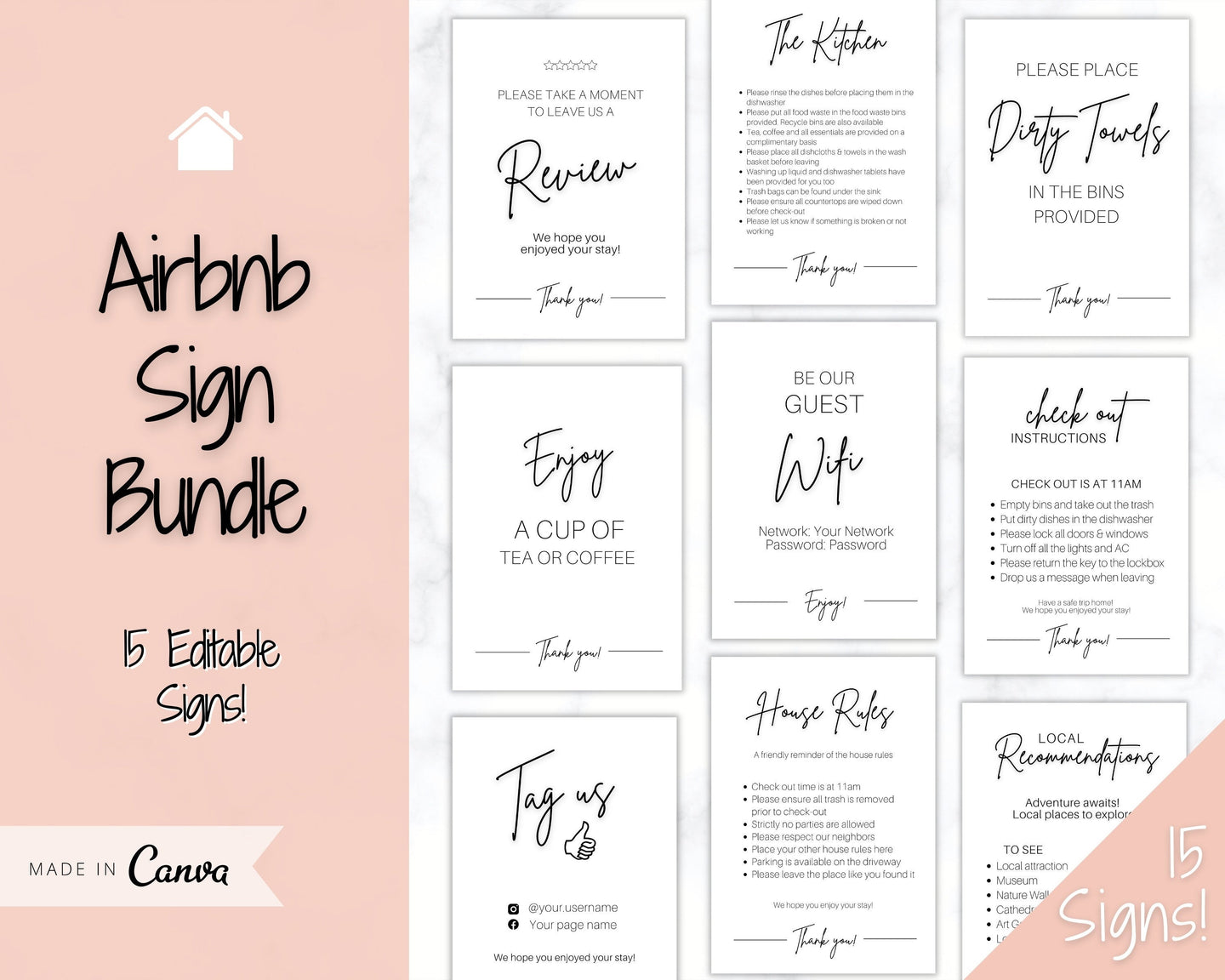 15 Airbnb Posters! Editable Template Bundle, Wifi password Sign, Welcome Book, House Rules, Airbnb Host, Vacation Rental, Check Out Signage | Brit