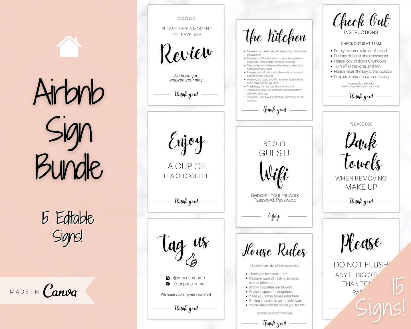 15 Airbnb Posters! Editable Template Bundle, Wifi password Sign, Welcome Book, House Rules, Airbnb Host, Vacation Rental, Check Out Signage | Day