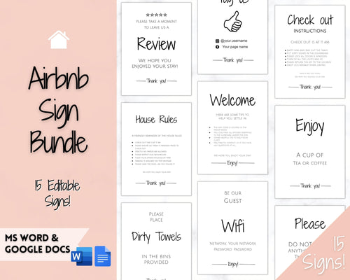 15 Airbnb Posters! Editable Template Bundle, Wifi password Sign, Welcome Book, House Rules, Airbnb Host, Vacation Rental, Check Out Signage | Google Docs / MS Word