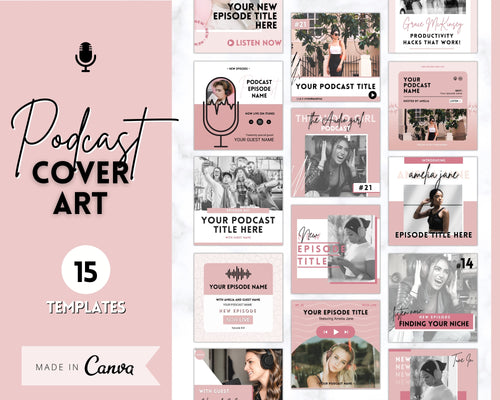 15 Editable Podcast Cover Art Templates. Podcast Canva BUNDLE. Pod cast Photo Mockup. Podcast Graphics. Podcaster podcasting, Podcast Cover | Pink Vol 2