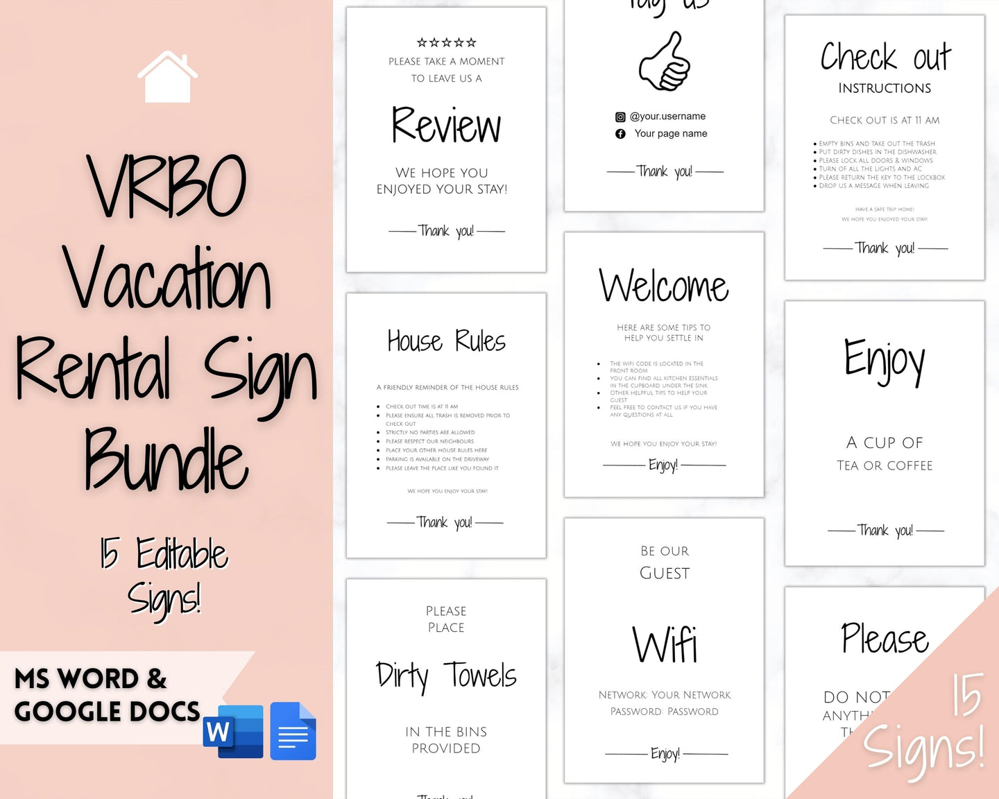15 VRBO Posters! Editable Template Bundle, Wifi password Sign, Welcome Book, House Rules, Airbnb Host, Vacation Rental, Check Out Signage | Google Docs / MS Word
