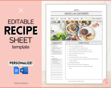 Load image into Gallery viewer, EDITABLE Recipe Sheet Template | Recipe Book, Cards &amp; Cookbook Binder, 8.5x11 Food Planner Journal | Style 2
