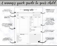 Load image into Gallery viewer, Nanny Schedule, Notes &amp; Report Template for Baby | Babysitter Info Hiring Guide, Nanny Checklist &amp; Planner, Baby Daily Log | Mono Swash
