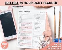 Load image into Gallery viewer, 24 Hour Editable Daily Hourly Planner | To Do List Printable for Word &amp; Google Docs | Mono
