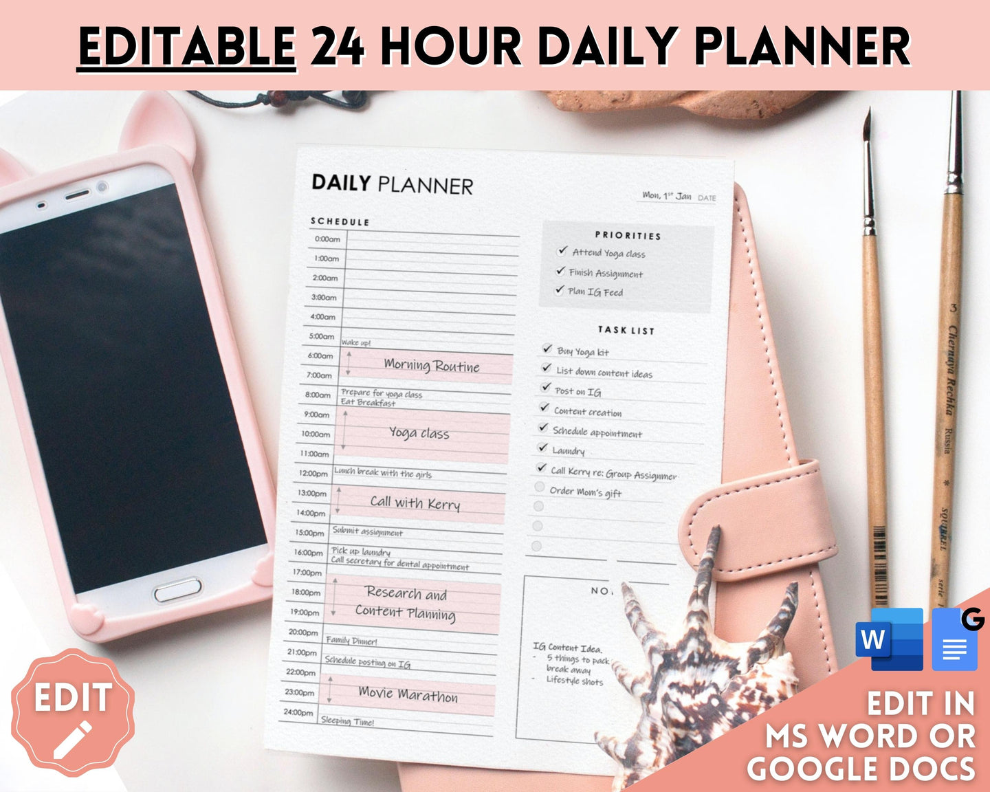 24 Hour Editable Daily Hourly Planner | To Do List Printable for Word & Google Docs | Mono