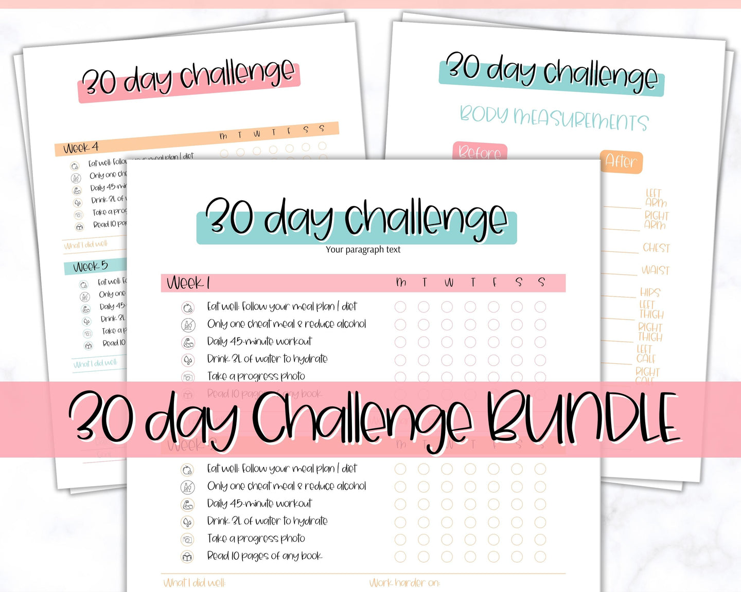 EDITABLE 30 Day Challenge Tracker | 30 Day Habit Tracker Printable, Weight Loss Journal, Fitness Planner | Colorful Sky
