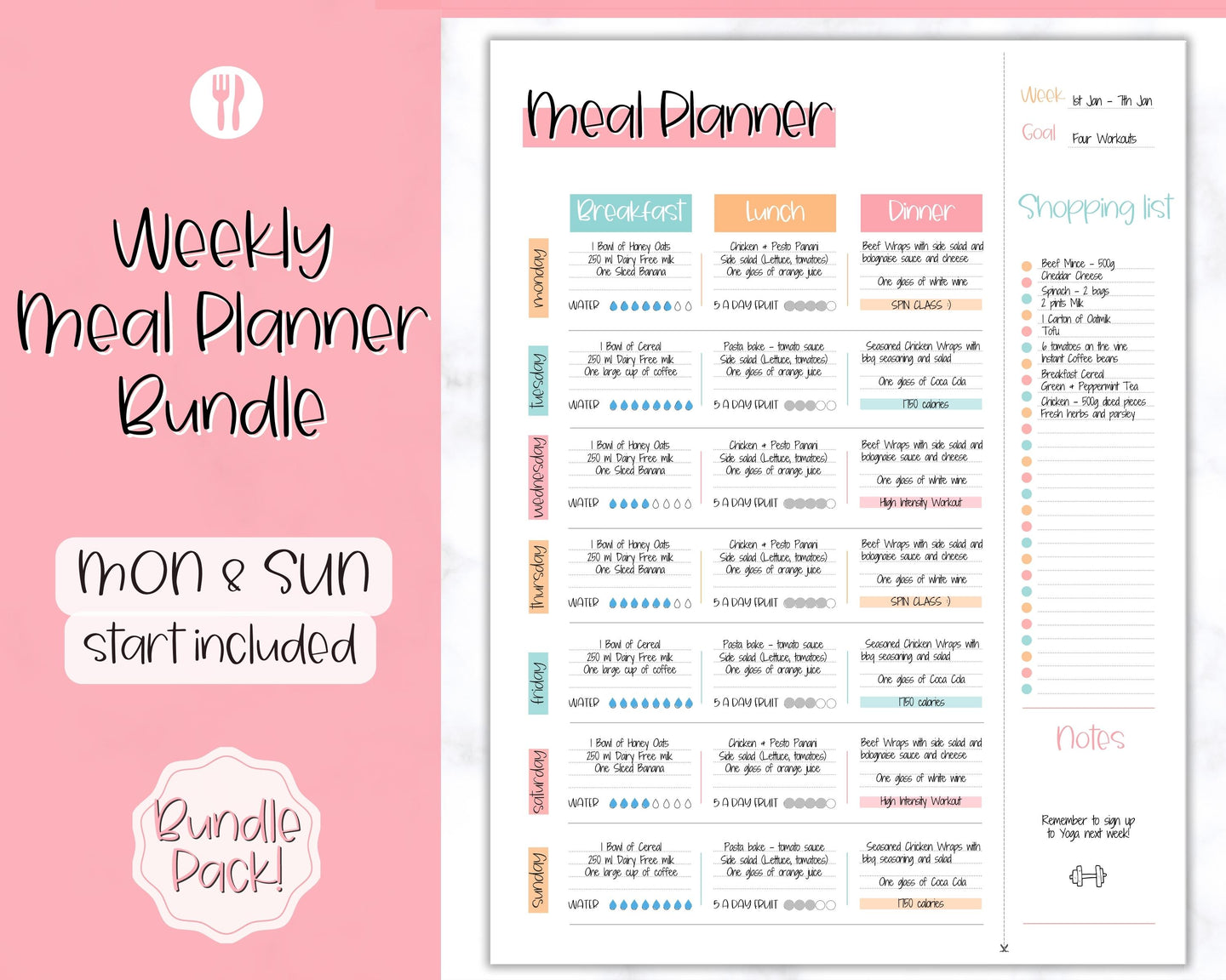 Colorful Meal Planner | Weekly Food Diary, Meal Tracker Printable, Daily Food Journal & Shopping List | Colorful Sky