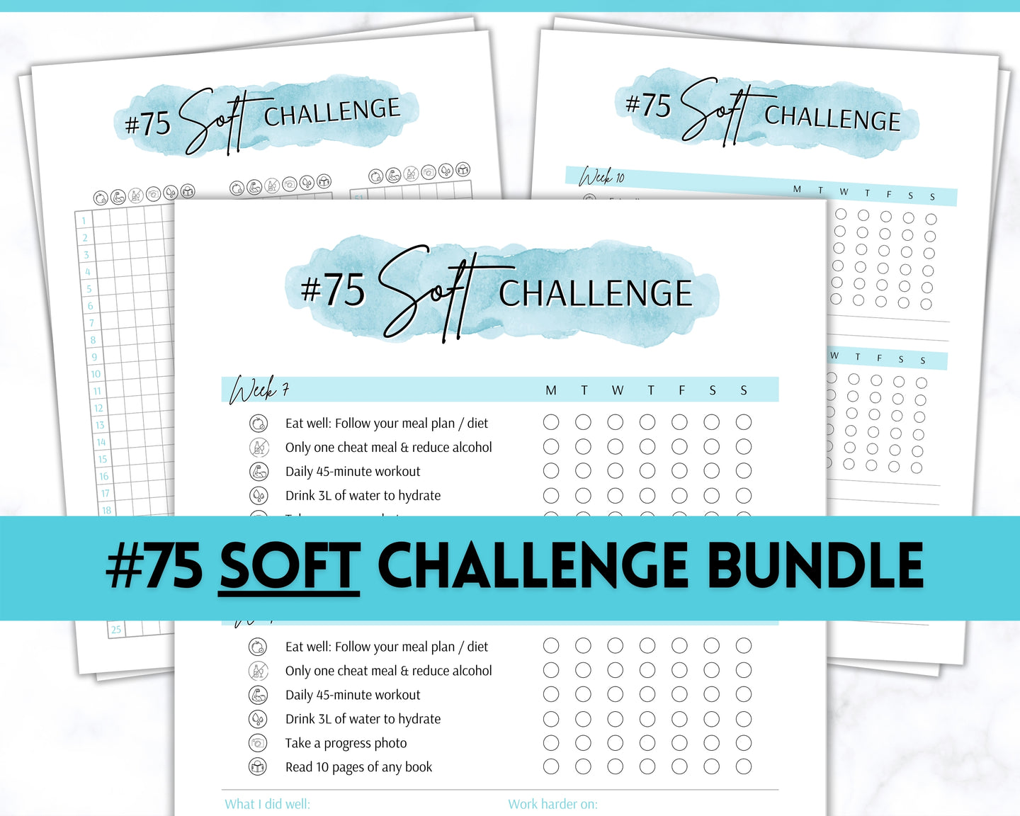 EDITABLE 75 SOFT Challenge Tracker | 75soft Printable Challenge, Fitness & Health Planner | Blue Watercolor