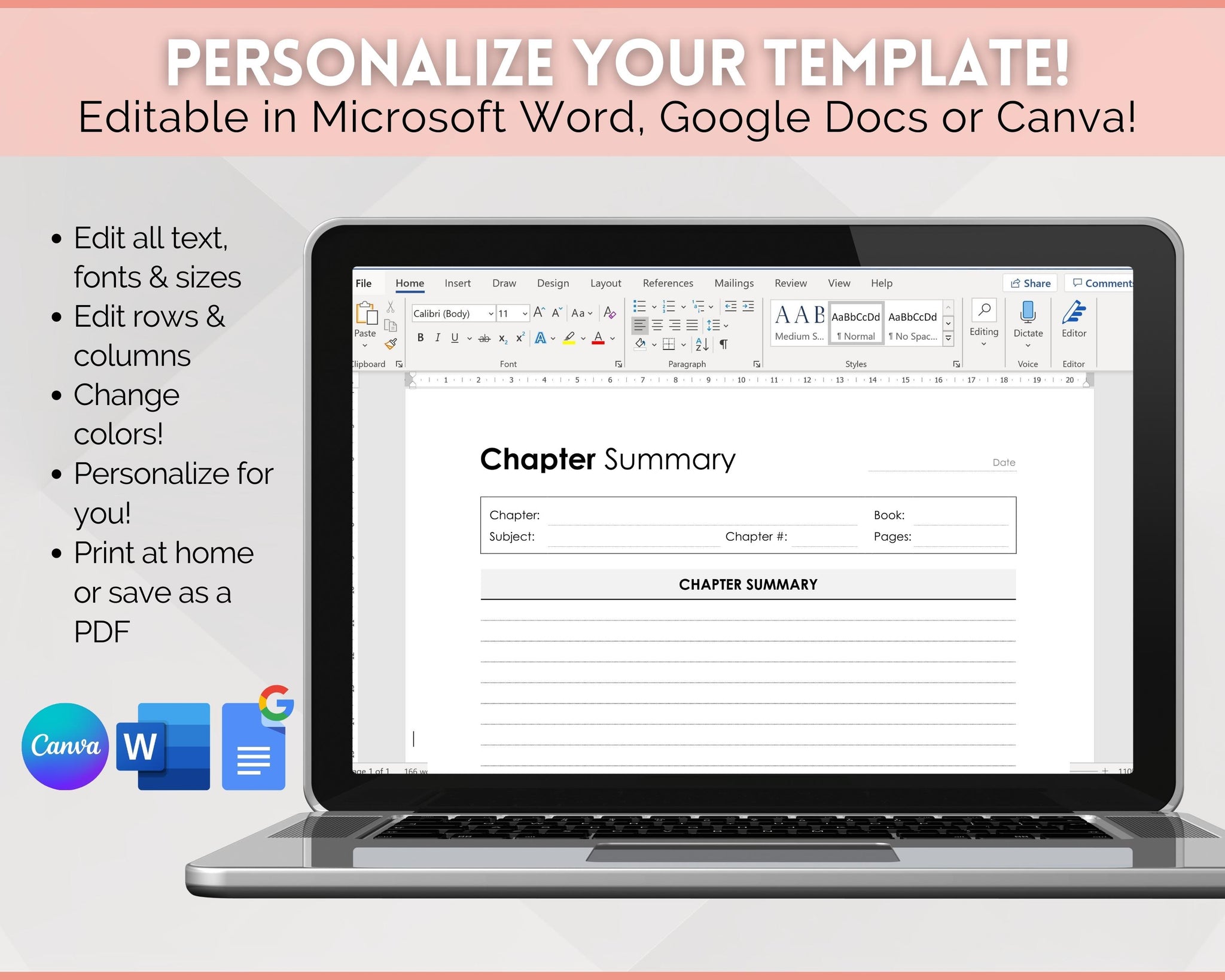 Editable Chapter Summary Template | College Outline Study Guide