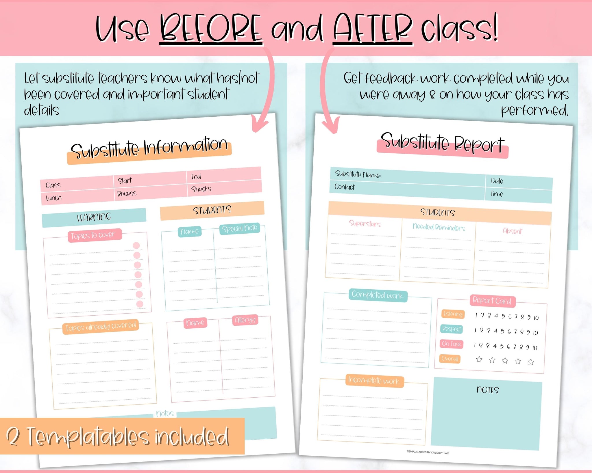 Teaching Notes Format Substitute Teacher Printable Template | Teacher Note Lesson Planner