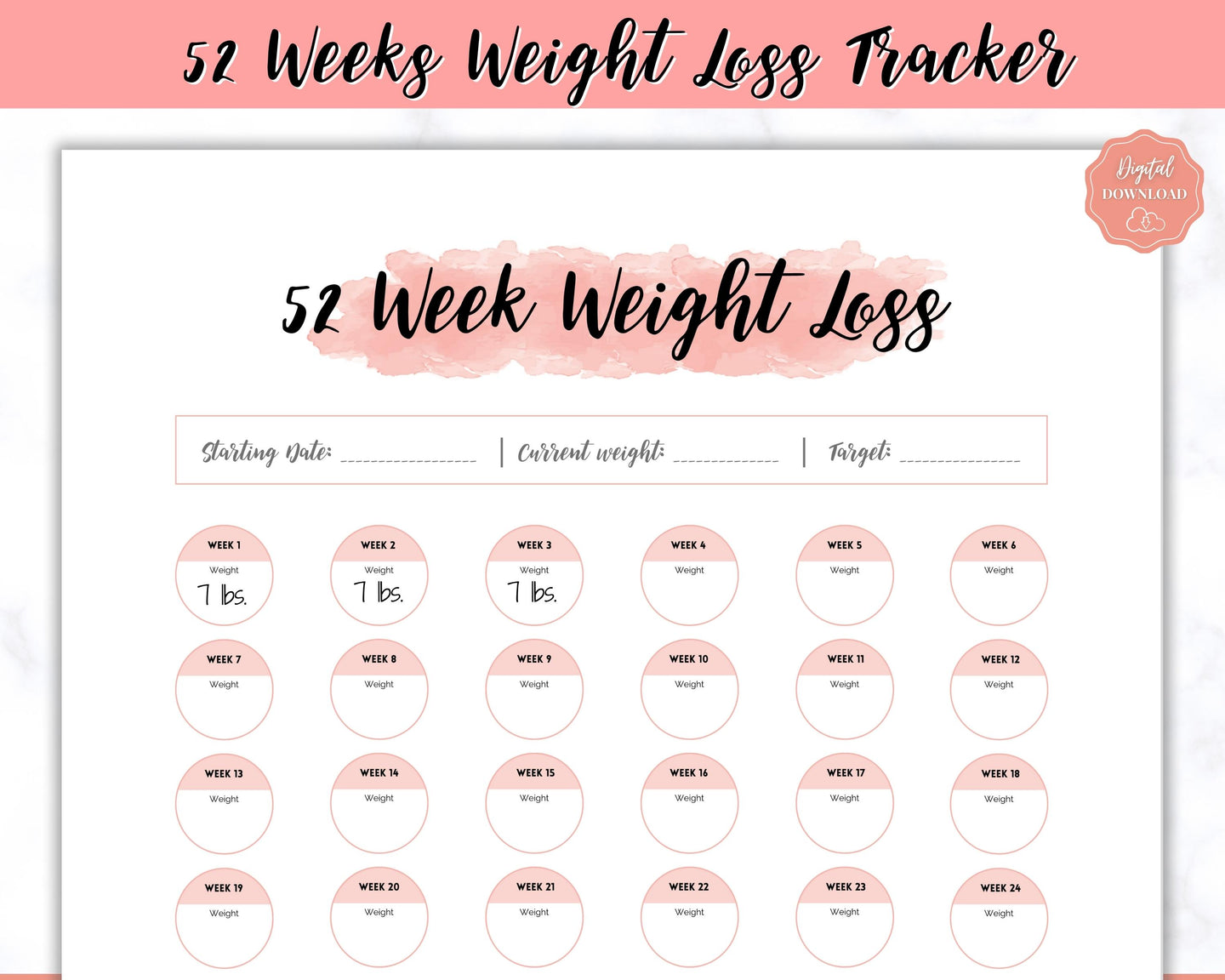 52 Week Weight Loss Tracker & Monthly Challenge | Weight Loss Chart, Pounds Lost Fitness Tracker | Pink Swash