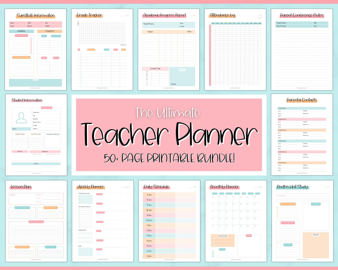 TEACHER Planner  Printable - 50+ pg BUNDLE | Academic Lesson Planner Template | Colorful Sky