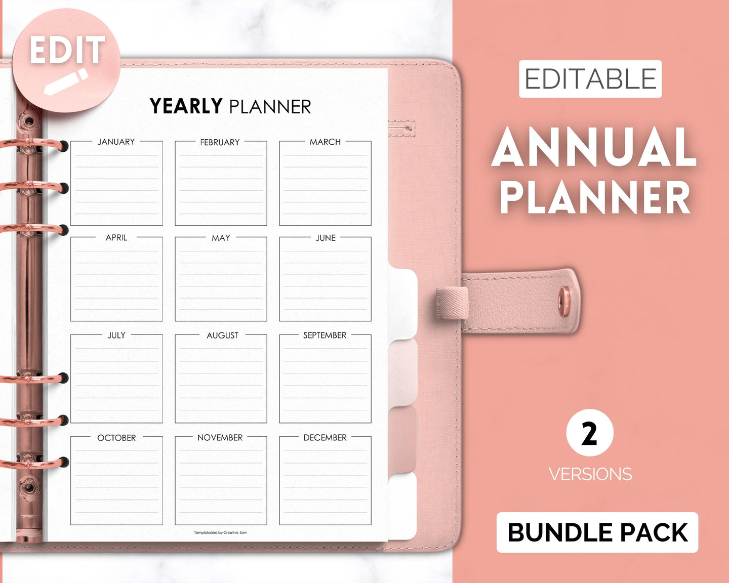 Editable Yearly Planner 2023 | Year at a Glance, Undated Annual To Do List, 12 Month Year in Review Calendar | Mono