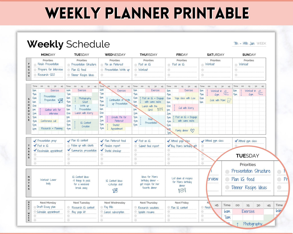 15 Minute Weekly Planner Schedule | Daily Hourly Planner Organizer