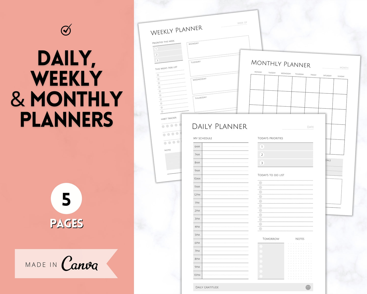 Planner Bundle Printable Bundle | Daily, Weekly, Monthly Productivity Planner Inserts | Mono