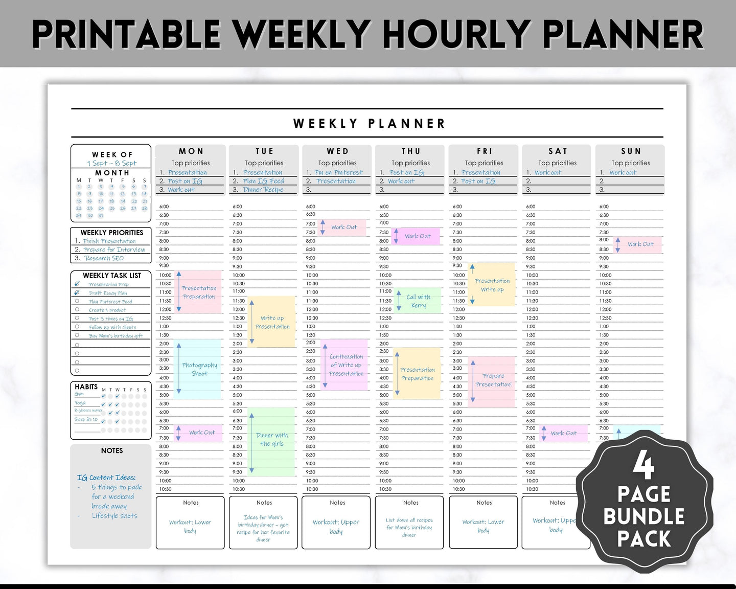 Weekly Planner Printable | Hourly Weekly Schedule, Undated 2023 Organizer & To Do List