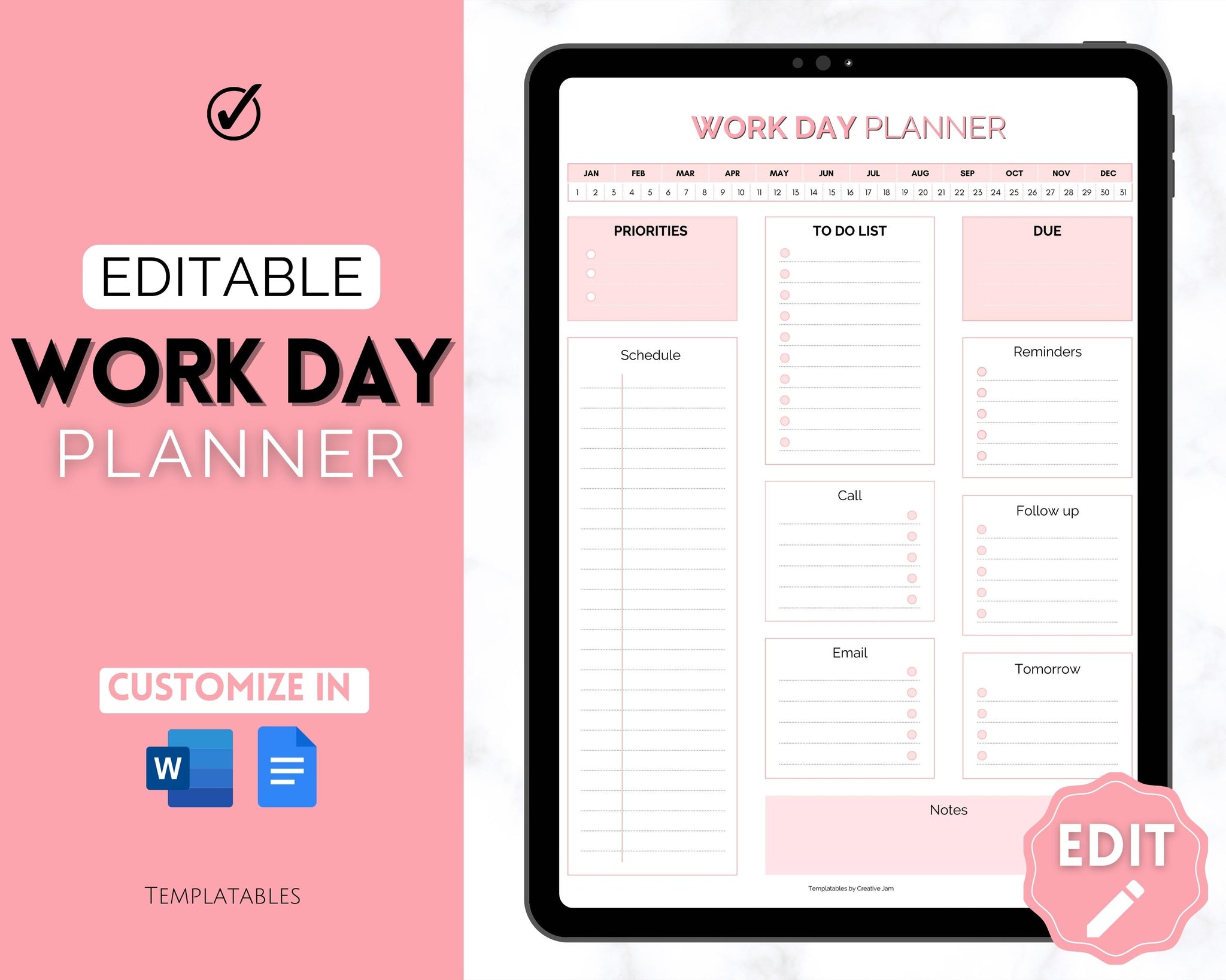 Work Planner & Work Day Organizer | Editable Daily Planner & Organizer