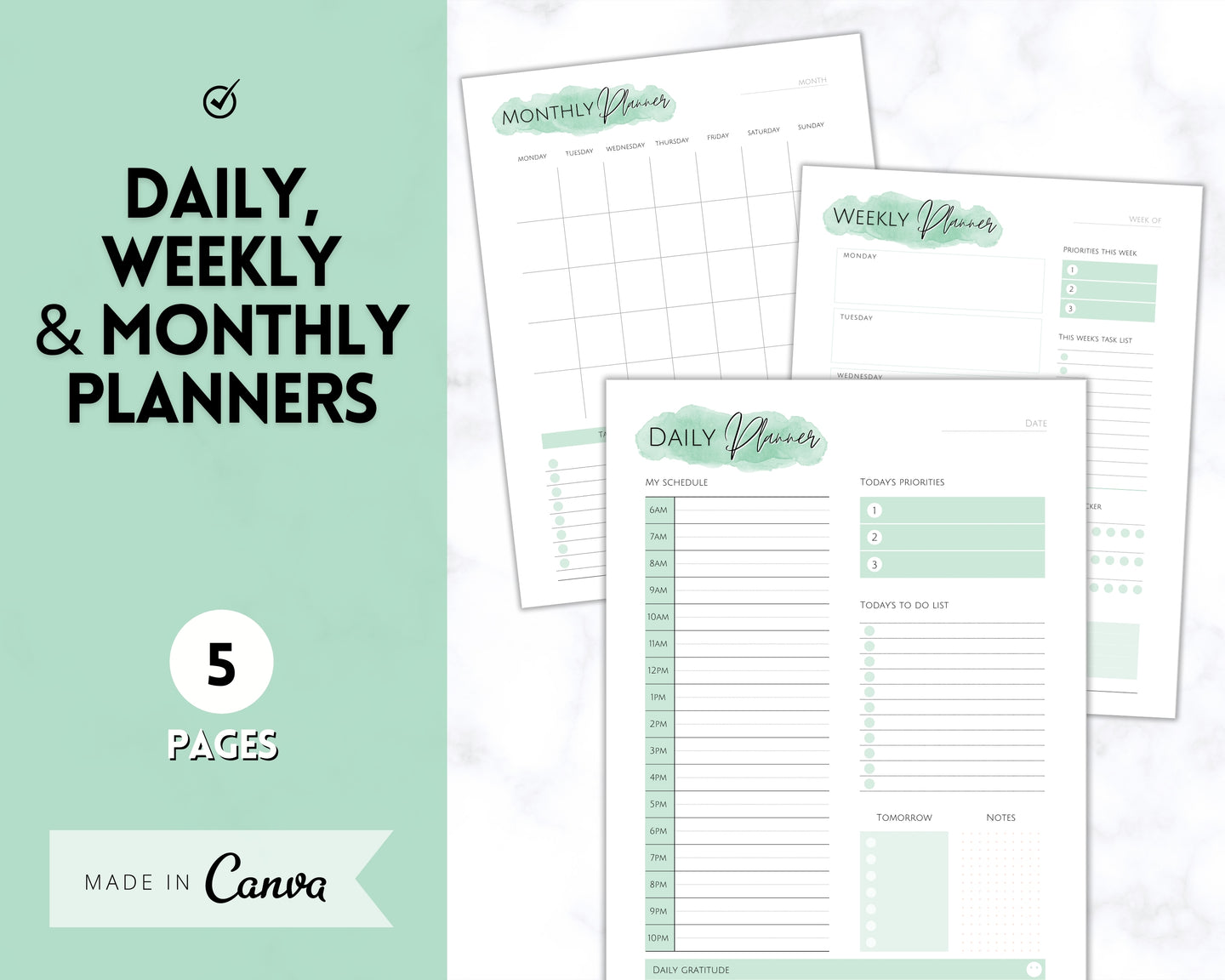 Planner Bundle Printable Bundle | Daily, Weekly, Monthly Productivity Planner Inserts | Green
