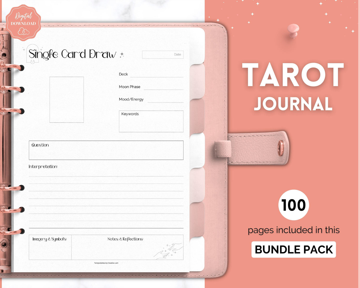 Tarot Journal, 100+ Pg Printable Tarot Planner Workbook, Daily Card Reading, Tarot Spreads, Tarot Deck Notebook, Witch, Grimoire, Oracle | Mono
