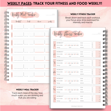 Load image into Gallery viewer, 90 Day Fitness &amp; Workout Planner for Women | Gym Journal, Weight Loss Tracker, Meal Planner, Self Care Habit Tracker | A5 Pink Watercolor
