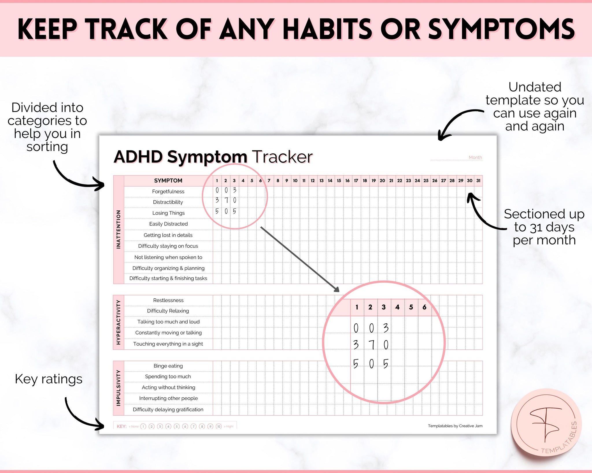 Pink Behavior Tracker ADHD Symptom Tracker, Behavior & Hygiene Tracker BUNDLE | Pink