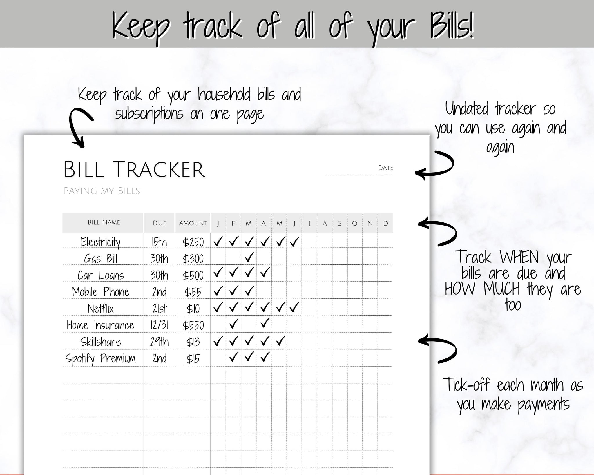 Bill Status Table Bill Tracker, Bill Payment Printables | Budget Planner Templates
